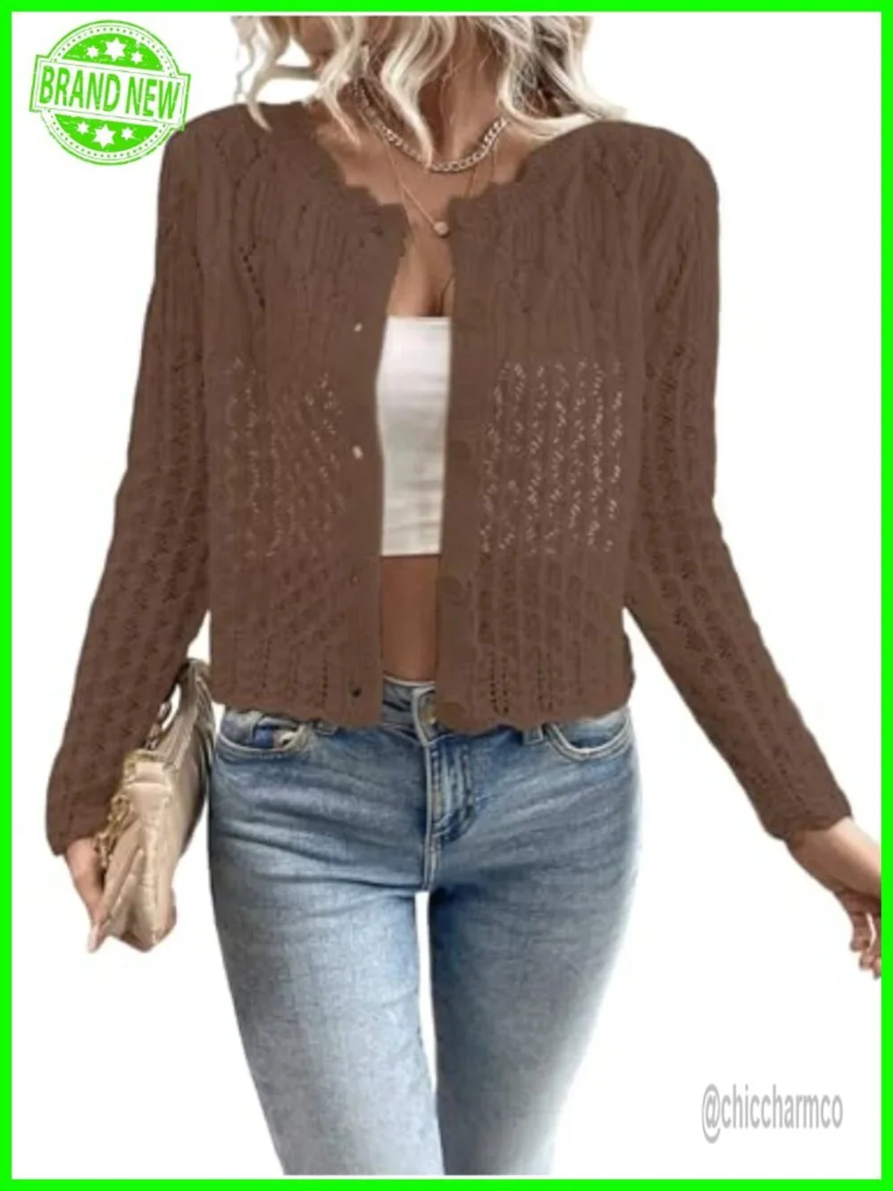 Hollow Out Knit Cardigan Sweater Scalloped Crewneck Cropped Long Sleeve Button